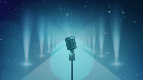 Animation-of-retro-microphone-with-two-moving-rows-of-spotlights,-light-spots-and-particles-on-blue