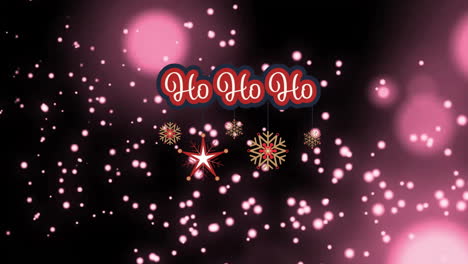 Animation-of-ho-ho-ho-text-and-snowflakes-with-spots-of-light-on-black-background