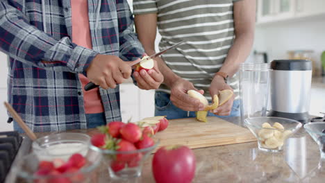 Happy-diverse-gay-male-couple-preparing-fruit-for-healthy-smoothie-in-kitchen,-slow-motion