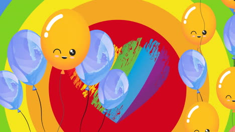 Animation-of-happy-colourful-balloons-over-rainbow-heart-on-rainbow-background