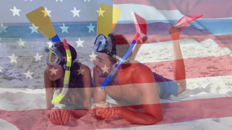 Animation-of-flag-of-usa-over-caucasian-couple-on-beach-in-summer
