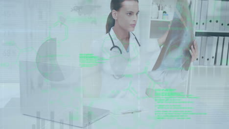 Animation-of-data-processing-over-caucasian-female-doctor-with-x-ray-scan