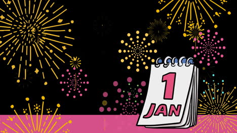 Animation-of-1-january-calendar-page-and-fireworks-on-black-background