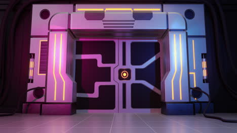 Animation-of-neon-gaming-features-with-gates-and-spot-lights-on-black-background