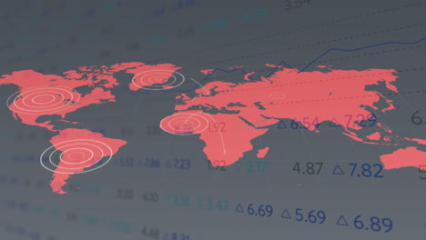 Animation-Von-Statistiken-Und-Datenverarbeitung-über-Einer-Weltkarte-Auf-Dunklem-Hintergrund
