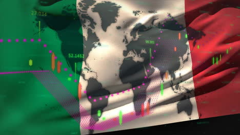 Animation-of-financial-data-processing-over-world-map-and-flag-of-italy