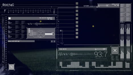 Animation-of-data-processing-on-interface-over-feet-of-footballer-kicking-ball