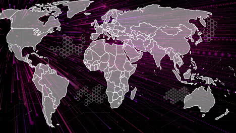 Animation-Einer-Weltkarte-über-Lichtspuren-Auf-Schwarzem-Hintergrund