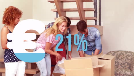 Animation-of-euro-sign-and-percent-in-blue-over-diverse-people-moving-in-with-cardboard-boxes