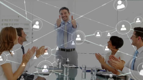 Animation-of-network-of-connections-over-diverse-colleagues-clapping-at-meeting-in-office