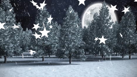 Animation-of-stars-falling-over-pine-trees-on-snow-covered-landscape-against-moon-in-sky