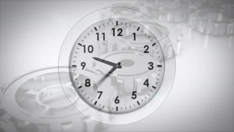 Animation-of-moving-clock-over-cog-wheels-on-white-background