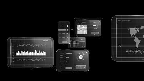 Animation-of-digital-interface-and-data-processing-on-black-background