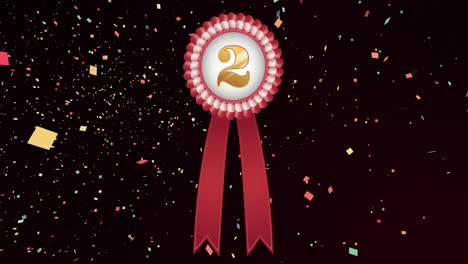 Animation-of-medal-with-gold-number-two-and-red-ribbon-and-confetti-floating-on-black-background