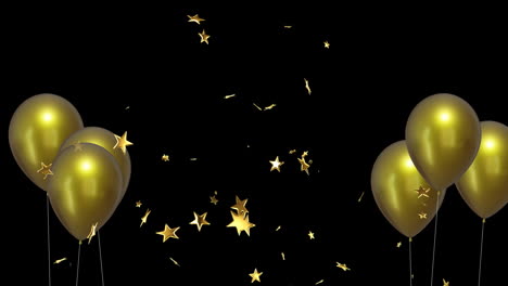 Animation-Von-Goldenen-Luftballons-Mit-Sternen-Auf-Schwarzem-Hintergrund