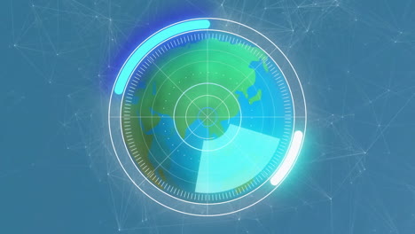 Animation-Eines-Kreisförmigen-Scanners-über-Dem-Globus-Und-Netzwerkverarbeitungsdaten-Auf-Blauem-Hintergrund
