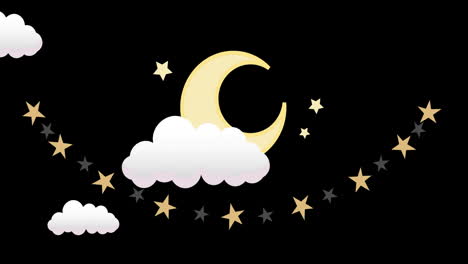 Animation-of-clouds-moving-over-crescent-moon-and-stars-on-black-background