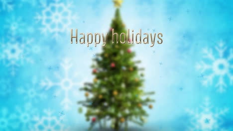 Animation-Von-Frohe-Feiertage-Text-Und-Schnee-Fällt-über-Weihnachtsbaum-Auf-Blauem-Hintergrund