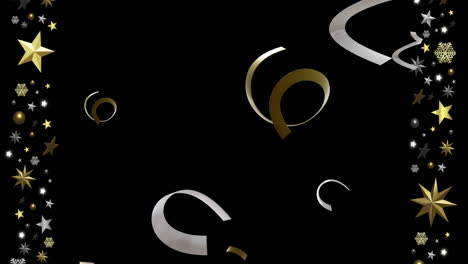 Animation-of-party-streamers-and-stars-on-black-background