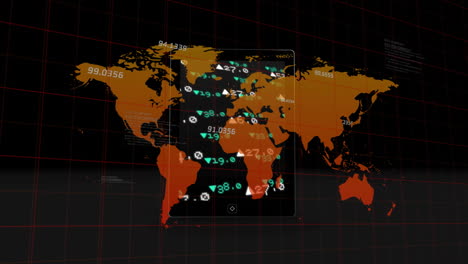 Animation-of-world-map-over-tablet-with-financial-data-processing-on-screen-on-black-background
