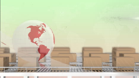 Animation-of-globe-over-cardboard-boxes-on-conveyor-belts