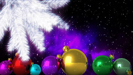 Animation-of-snow-falling-and-tree-branches-over-baubles