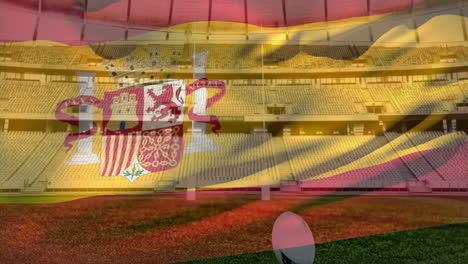 Animation-of-waving-flag-of-spain-over-stadium-with-rugby-ball