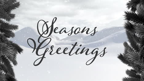 Animation-of-seasons-greetings-text-and-snow-falling-over-winter-scenery