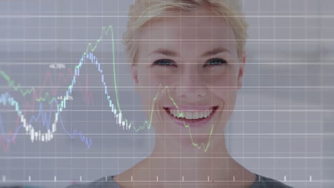 Animation-Der-Verarbeitung-Finanzieller-Daten-über-Einer-Lächelnden-Kaukasischen-Geschäftsfrau-Im-Büro