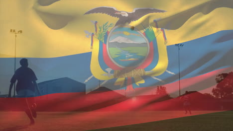 Animation-of-ecuador-flag-waving-over-diverse-player-practicing-rugby-in-friendly-match