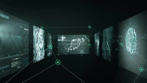 Animation-Der-Wissenschaftlichen-Datenverarbeitung-über-Bildschirmen-Auf-Dunklem-Hintergrund