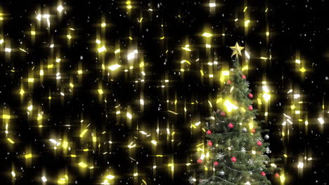 Animation-of-snow-falling-and-christmas-tree-over-black-background