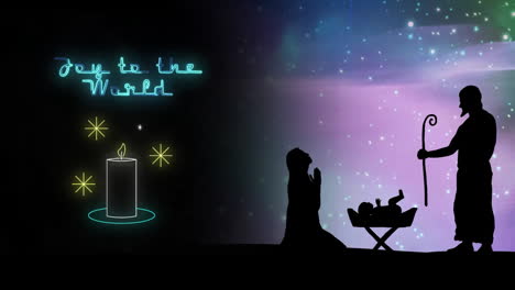Animation-Des-Textes-„Freue-Dich-Für-Die-Welt“-über-Dem-Hintergrund-Der-Weihnachtskrippe