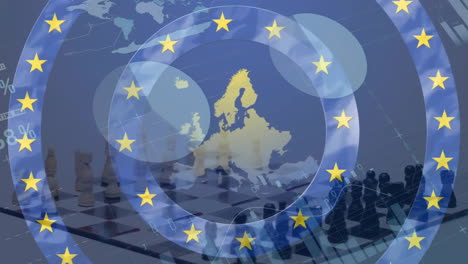Animación-Del-Procesamiento-De-Datos-Financieros-Y-Bandera-De-La-Unión-Europea-Sobre-Tablero-De-Ajedrez