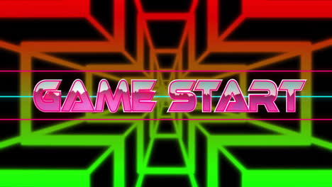 Animation-of-game-start-text-and-shapes-on-black-background