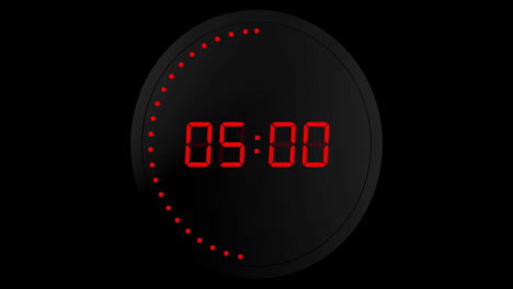 Animation-of-red-digital-timer-changing-with-dots-in-circle-on-black-background