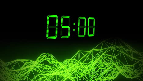 Animation-of-green-digital-clock-timer-changing-over-networks-of-connections-on-black-background