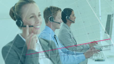 Animation-of-diagram-over-diverse-business-people-using-phone-headsets-in-office