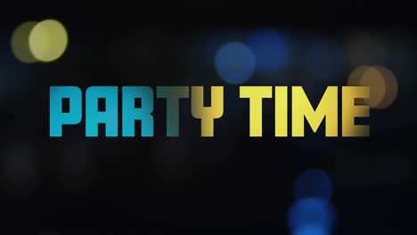 Animation-of-party-time-text-and-glowing-spot-lights-on-black-background