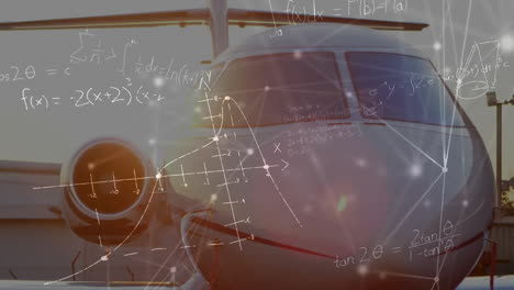 Animation-of-mathematical-equations-over-plane-at-airport