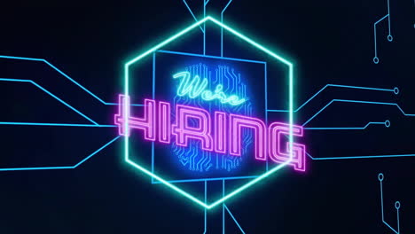 Animation-of-we're-hiring-text-and-ai-brain-with-neon-pattern-over-black-background