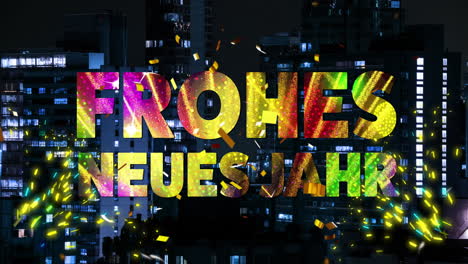 Animation-of-frohes-neues-jahr-text-and-confetti-over-cityscape-on-black-background
