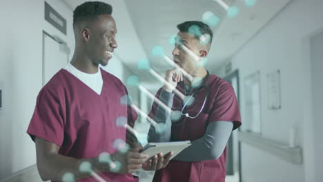 Animation-of-dna-strand-over-diverse-doctors-in-hospital