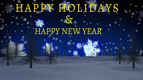 Animación-De-Texto-De-Felices-Fiestas-Y-Nieve-Cayendo-Sobre-árboles-De-Navidad-Sobre-Fondo-Azul