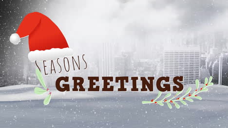 Animation-of-seasons-greetings-text,-santa-hat-and-snow-falling-over-winter-scenery