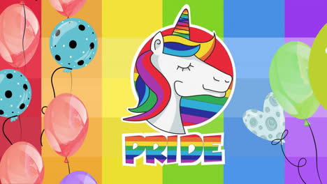 Animation-of-pride-text-with-unicorn-and-balloons-on-rainbow-background