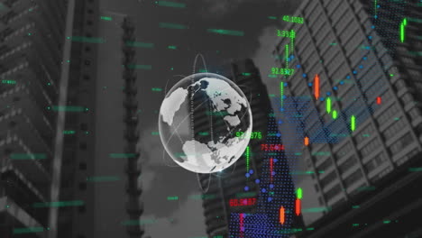 Animation-Der-Globus--Und-Finanzdatenverarbeitung-über-Dem-Stadtbild