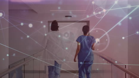 Animation-of-network-of-connections-over-diverse-female-doctors-running-in-hospital