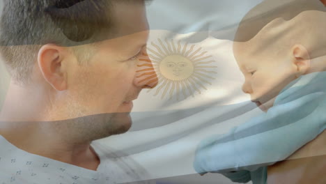 Animation-of-argentinian-flag-over-happy-caucasian-father-holding-baby
