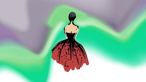 Animación-De-Dibujo-De-Moda-De-Vestido-De-Mujer-Sobre-Fondo-Gris-Y-Verde